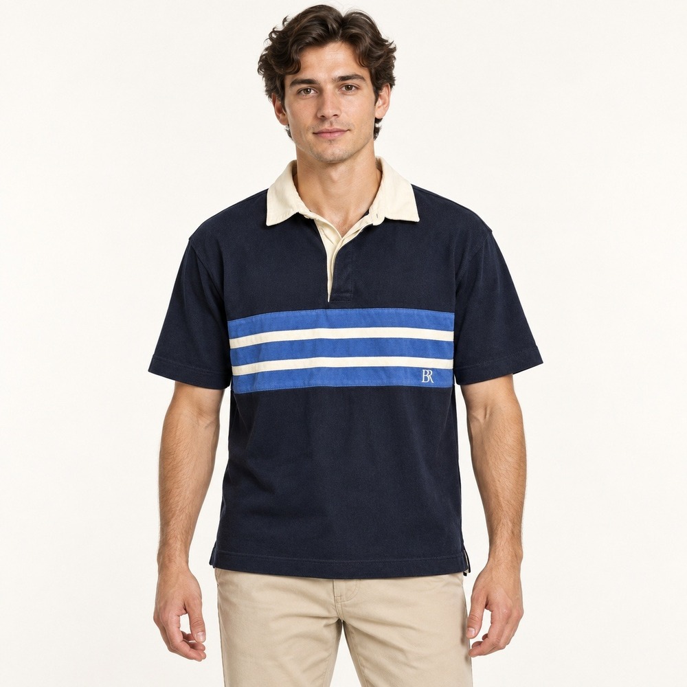 Banana Republic Mens Medium Navy Blue Striped Short Sleeve Rugby Polo Shirt